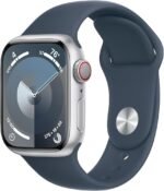 Apple Watch Series 9 [GPS + Cellular 45mm] Silver Aluminum Case with Storm Blue Sport Band S/M (Renewed Premium)