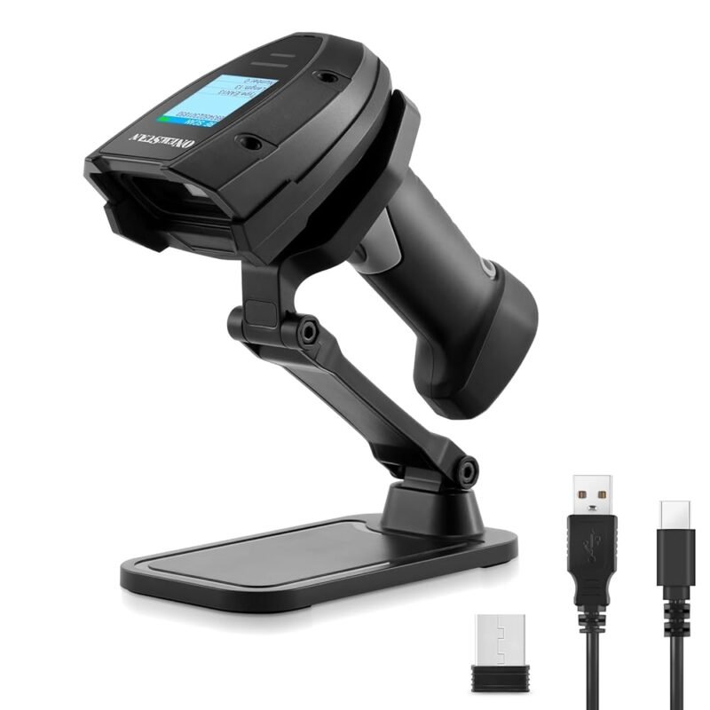 Barcode Scanner Wireless, 1D Laser Bar Code Scanners with Stand 2.4G Wireless & USB Wired Connection Plug and Play 2 in 1 Handheld Barcode Reader with Screen
