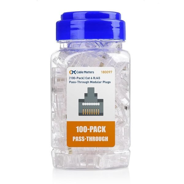 Cable Matters 100-Pack Cat 6 Pass Through RJ45 Connectors, 50Âµ Gold Plated (Cat 6 Ends / Cat6 Connector /RJ45 Modular Plugs/Ethernet Plugs/Network Connector) for Solid or...