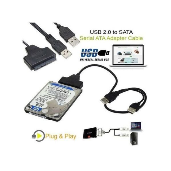 Câble USB 2.0 vers SATA, boîtier de disque dur externe de 2,5 pouces pour disques SSD, adaptateur de disque dur - Noir