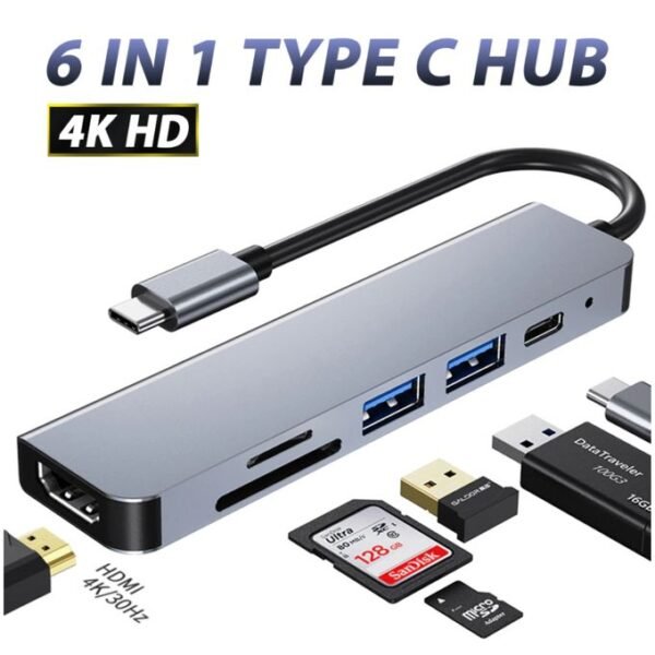 Hub - USB 3.0 - Type-C - HDMI + PD + TF +SD - 6 En 1 - Compatible HDMI 4K - Gris