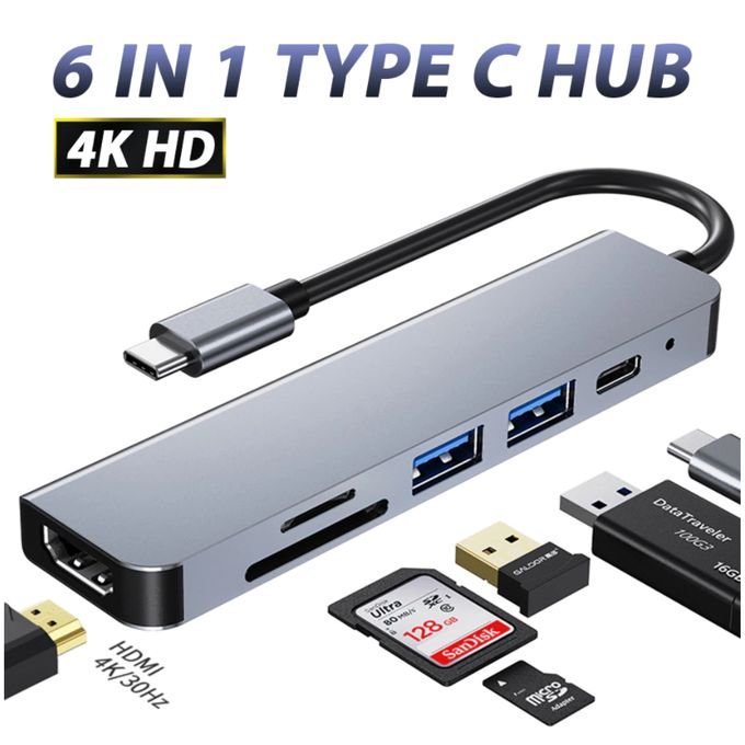 Hub - USB 3.0 - Type-C - HDMI + PD + TF +SD - 6 En 1 - Compatible HDMI 4K - Gris