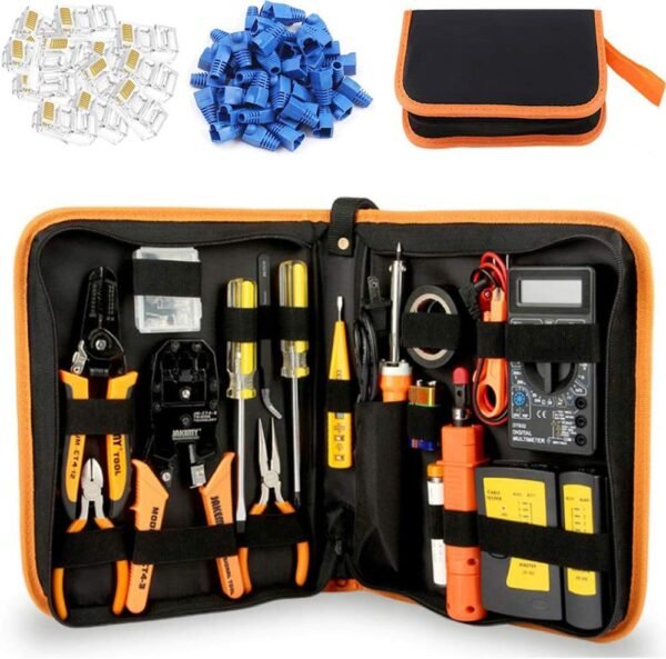 LEATBUY Network Crimp Tool Kit for RJ45/RJ11/RJ12/CAT5/CAT6/Cat5e/8P, Professional Crimper Connector Stripper Cutter, Computer Maintenance Lan Cable Pliers Tester Soldering Iron...