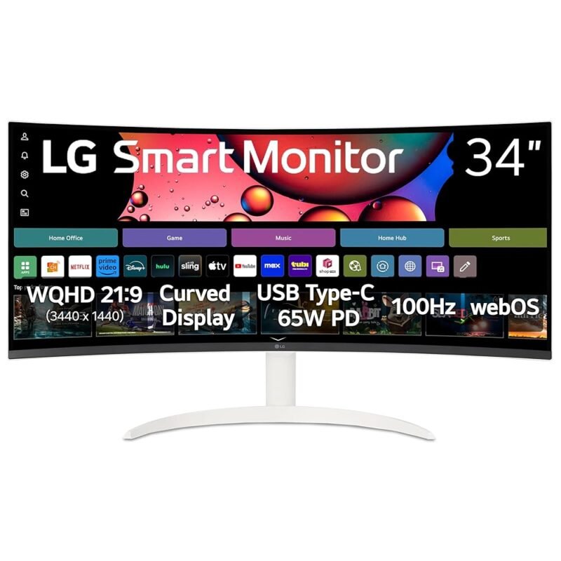 LG 34SR63QA-W 34 inch Smart Curved Monitor with Streaming TV, QHD 1440p, UltraWide Screen, USB Type-C 65W PD, 1800R, webOS, HDR10, 100Hz, Built-in Speaker, AirPlay2, Screen...