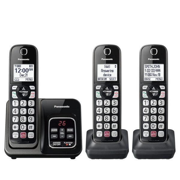 Panasonic Cordless Phone with Answering Machine, Advanced Call Block, Bilingual Caller ID and Easy to Read High-Contrast Display, Expandable System with 3 Handsets - KX-TGD833M...