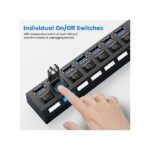 Répartiteur d'alimentation USB 3.0 à 7 ports haute vitesse avec interrupteur marche/arrêt résistant - Noir