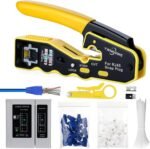 RJ45 Crimp Tool Kit Pass Thru Ethernet Crimper for Cat5e Cat6 Cat6a 8P8C Modular Connectors, All-in-One Cat6 Crimping Tool and Tester(9V Battery Not Included)