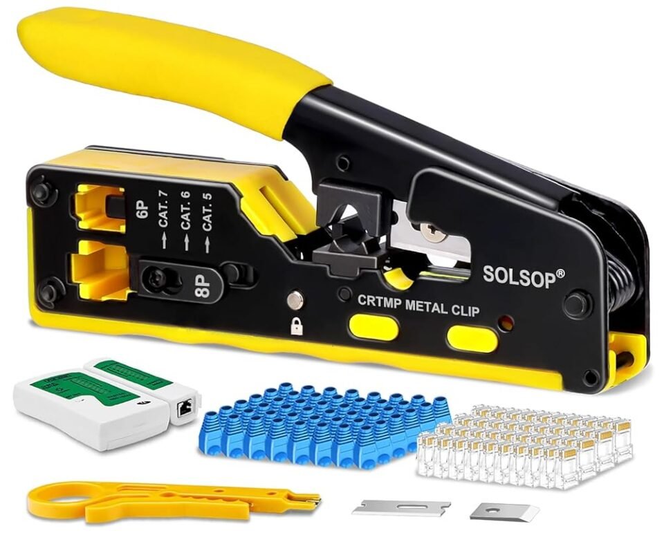 Solsop Pass Through RJ45 Crimp Tool Kit All-in-One Ethernet Crimper Cat7 Cat6 Cat5 Crimping Tool with Network Cable Tester, 50-Pack Cat6 RJ45 Pass Through Connector, 50-Pack...